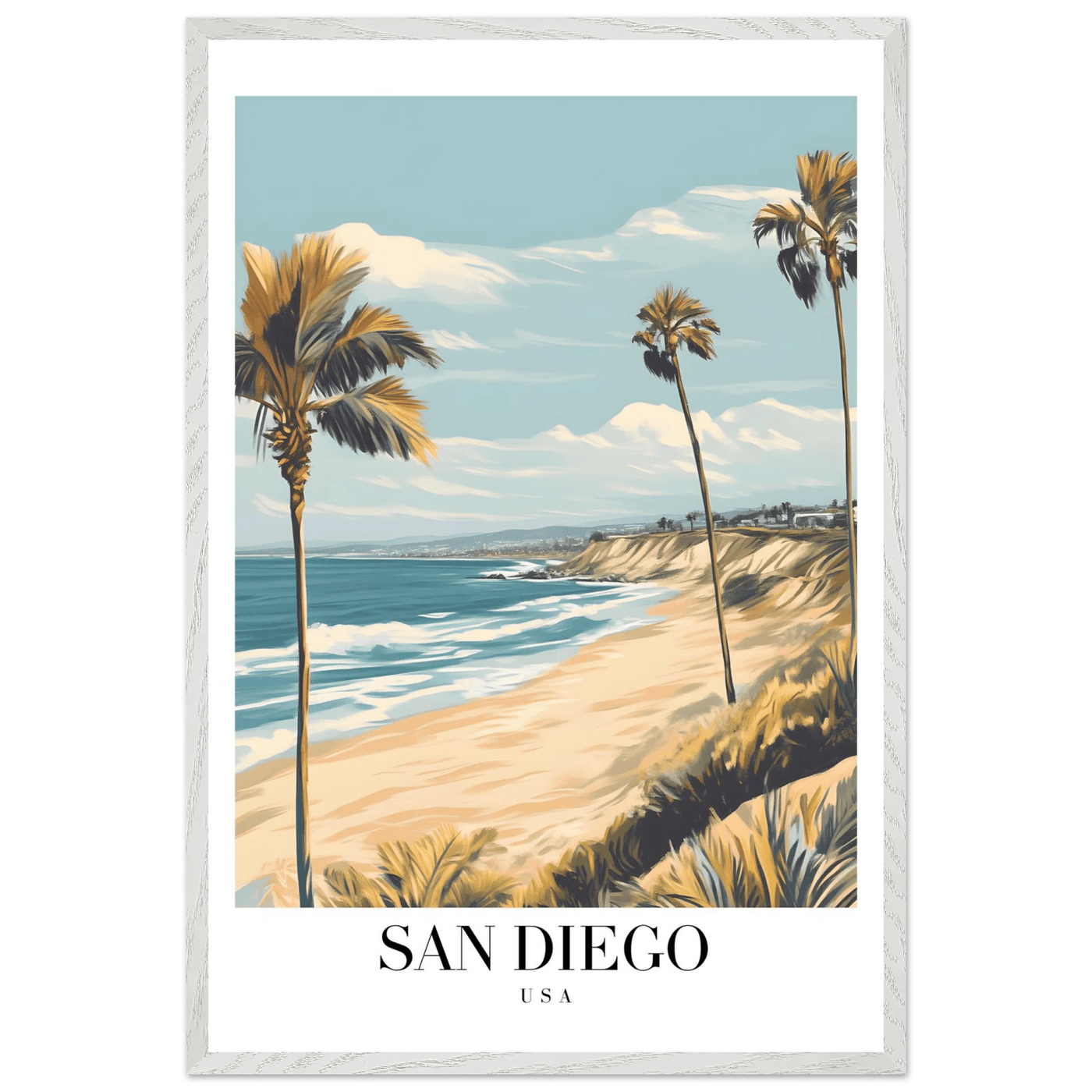 San Diego USA Framed Poster – Vintage Beach Travel Wall Art with Wooden Frame in Your Choice of Size and Finish - Vibrantwalls