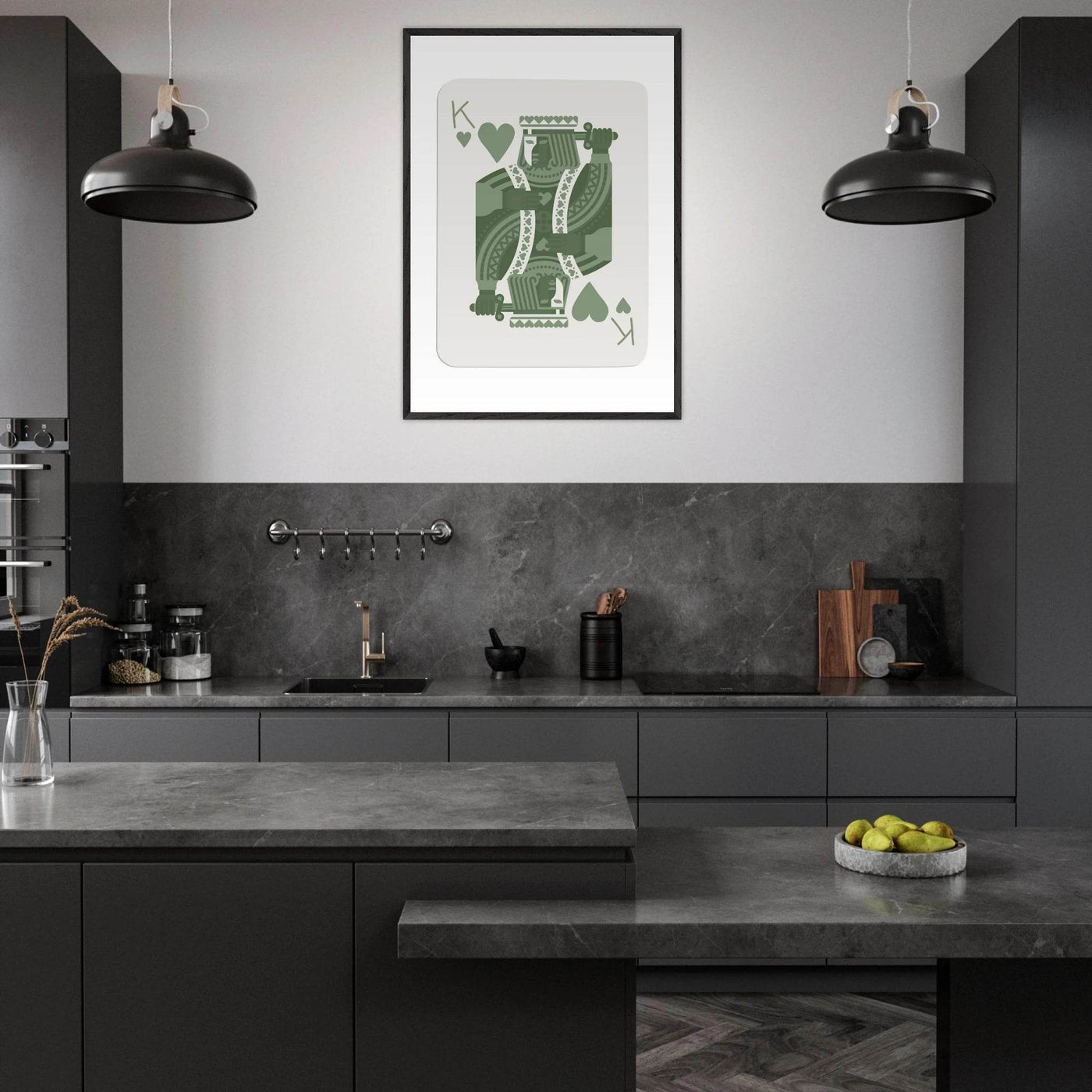 King of Hearts Poker Card Print - Sage Green & White Framed Art, Eco-Friendly Wood Frame - Vibrantwalls