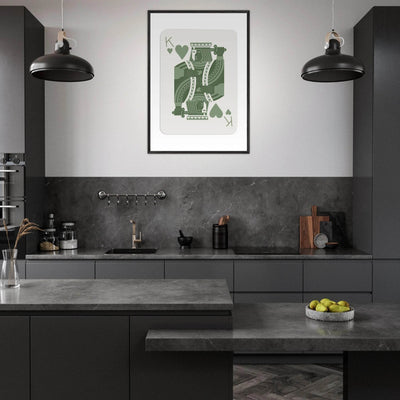 King of Hearts Poker Card Print - Sage Green & White Framed Art, Eco-Friendly Wood Frame - Vibrantwalls