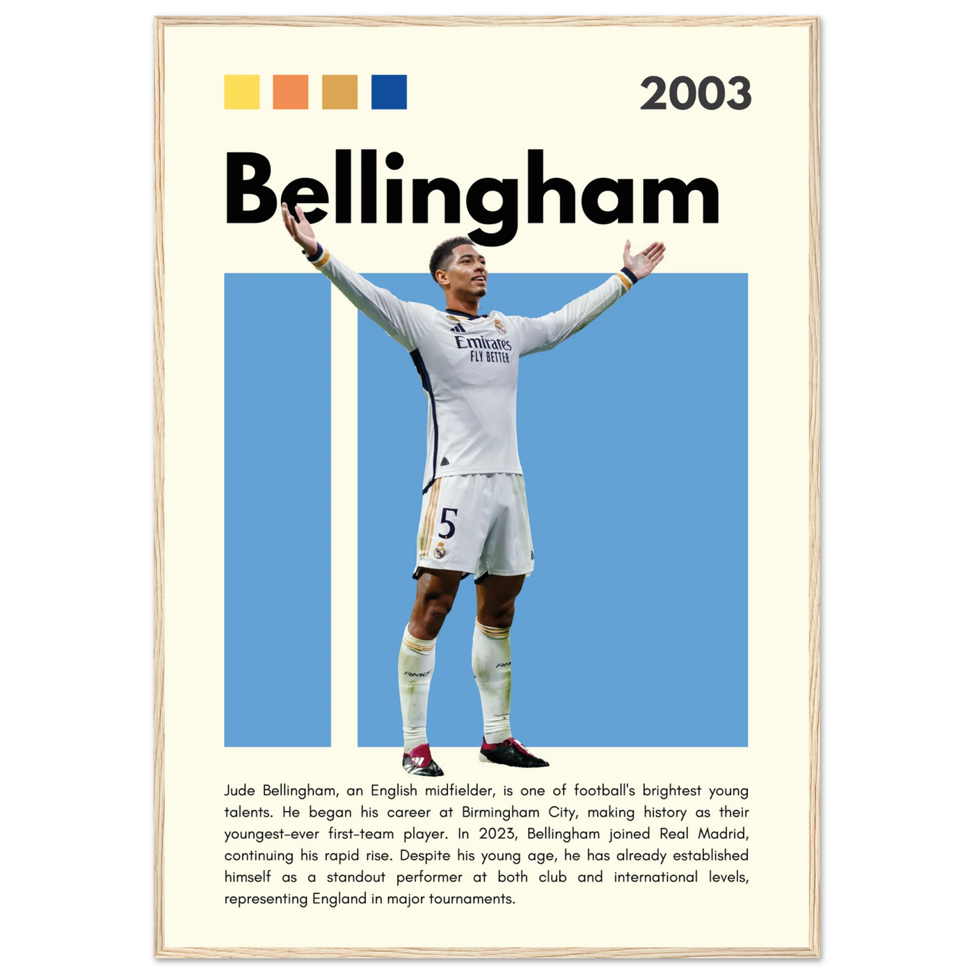 Jude Bellingham Real Madrid Football Poster – Modern Pop Art Print in Your Choice of Frame 70x100 cm 28x40″ Wood frame Vibrantwalls