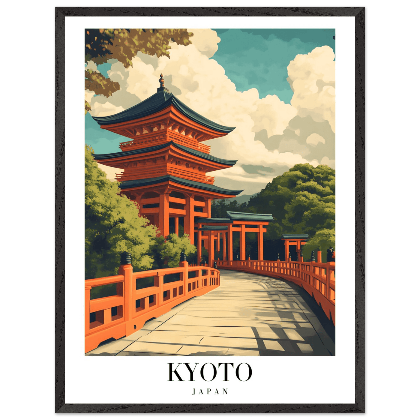 Kyoto Japan Pagoda Framed Poster – Japanese Temple Wall Art in Vibrant Orange with Wooden Frame - Vibrantwalls