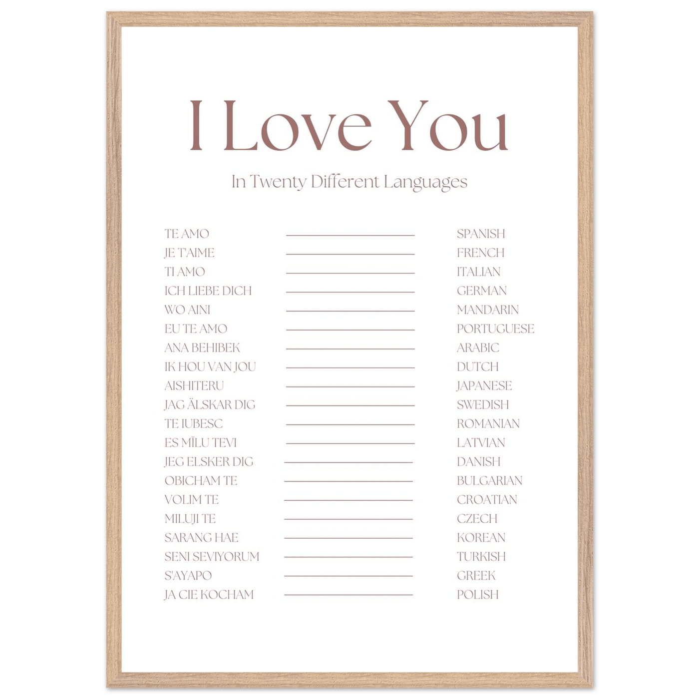 I Love You in 20 Languages - Mounted Framed Art Print, Eco-Friendly Wood Frame in Your Choice of Style - Vibrantwalls