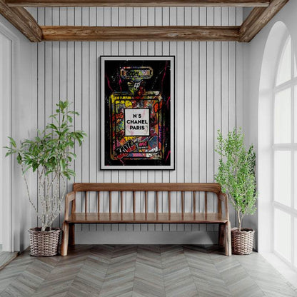 Black Graffiti Chanel Perfume Wall Art | Chanel No. 5 perfume bottle- Vibrantwalls