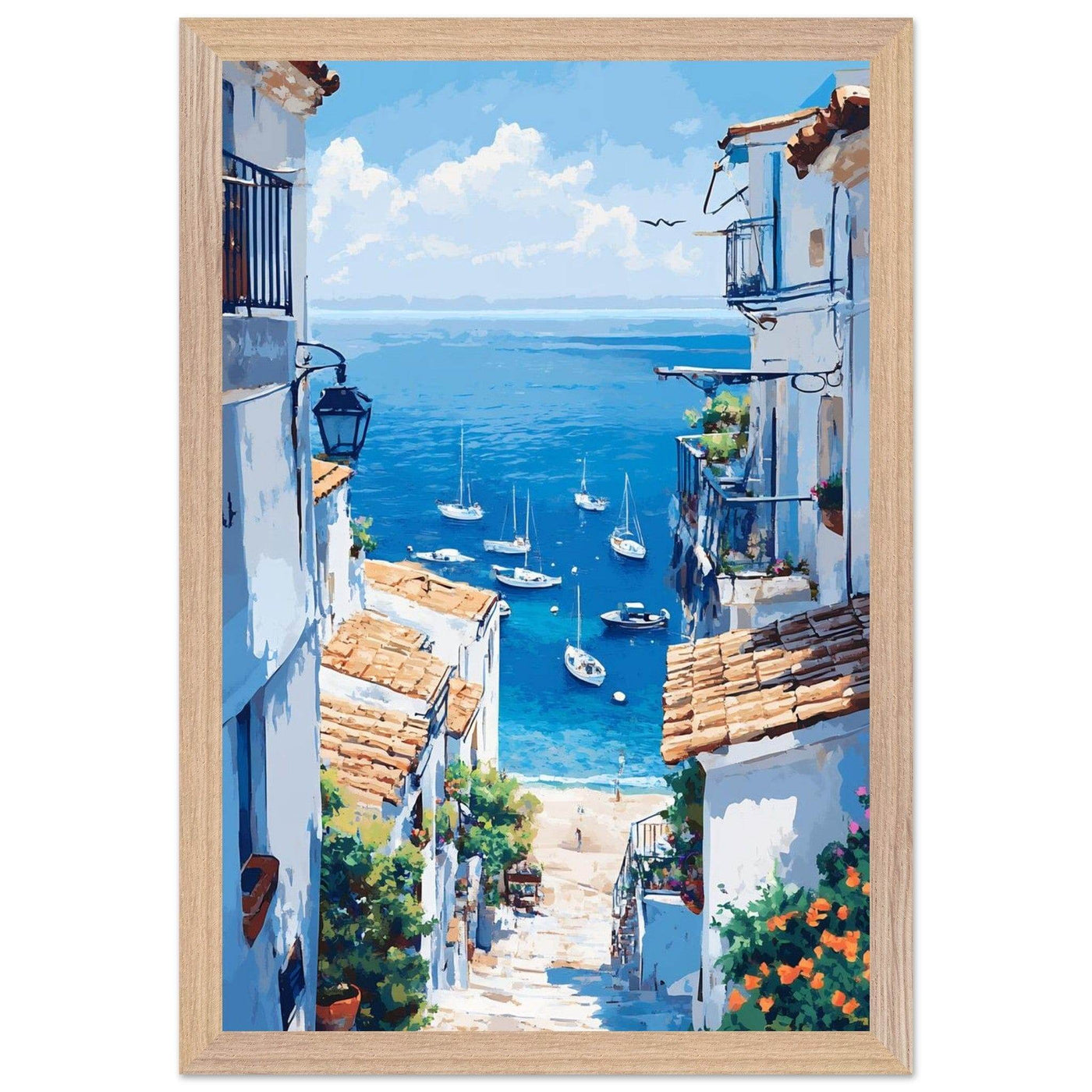Mediterranean Seascape White Village Coastal Charm - Vibrantwalls