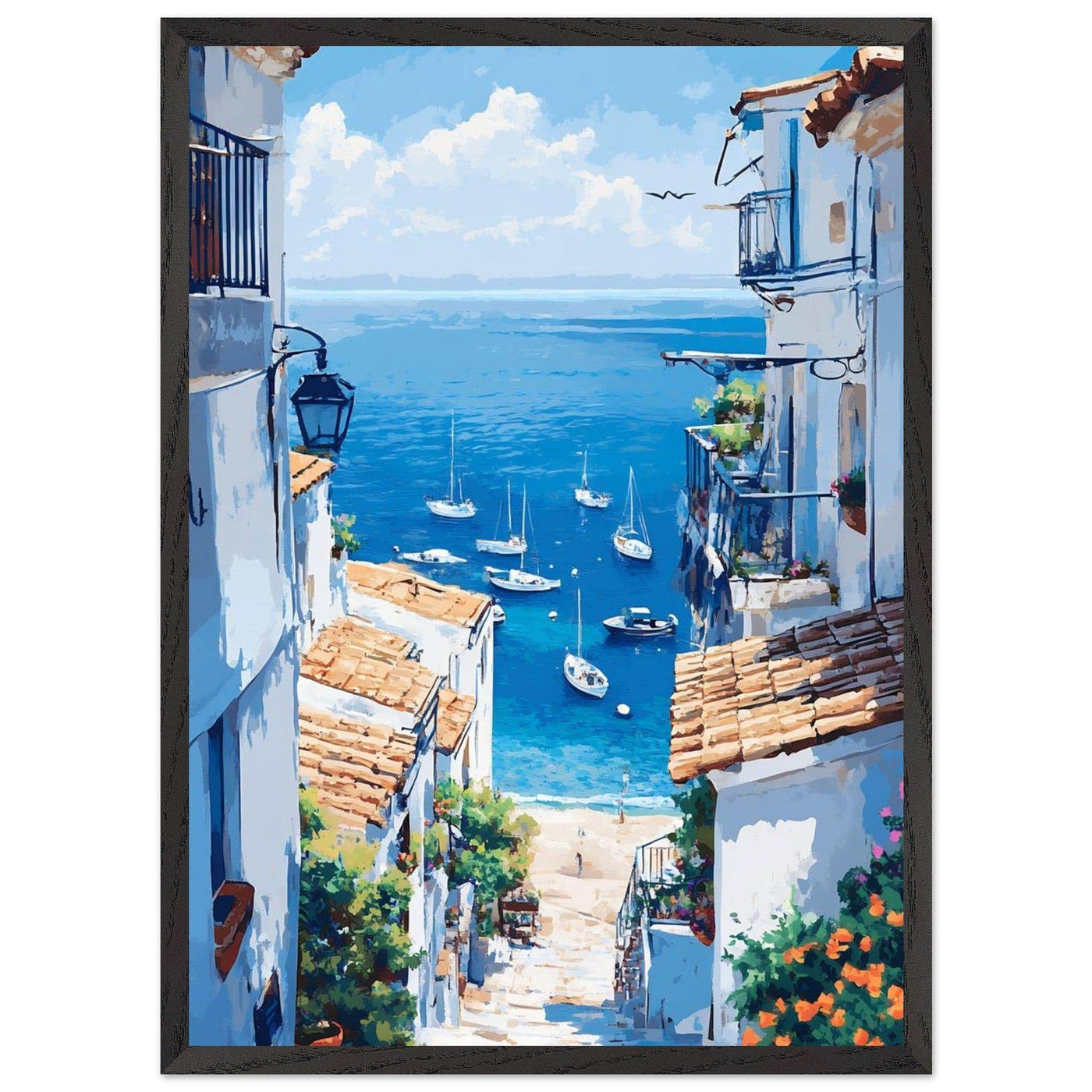 Mediterranean Seascape White Village Coastal Charm - Vibrantwalls