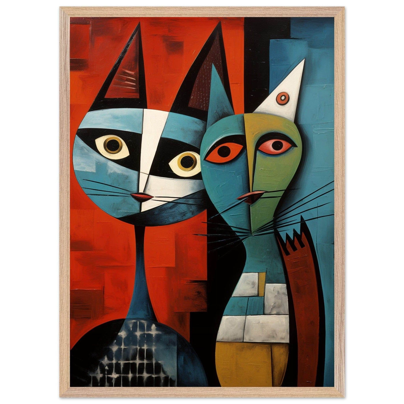 Cubist Cat Abstract Art in Blue and Orange - Unique Contemporary Design - Vibrantwalls