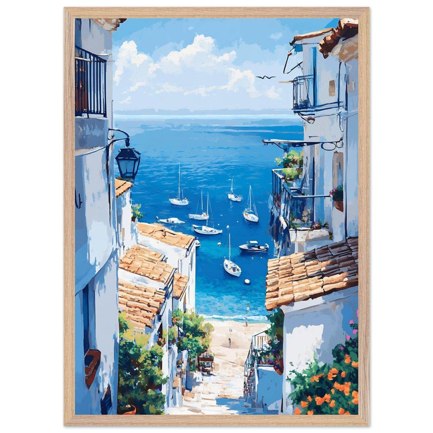 Mediterranean Seascape White Village Coastal Charm - Vibrantwalls