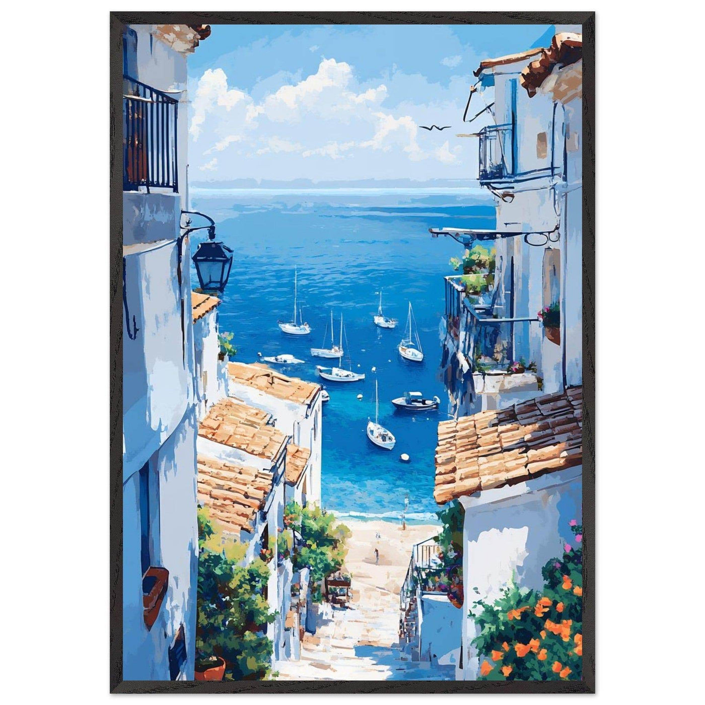 Mediterranean Seascape White Village Coastal Charm - Vibrantwalls