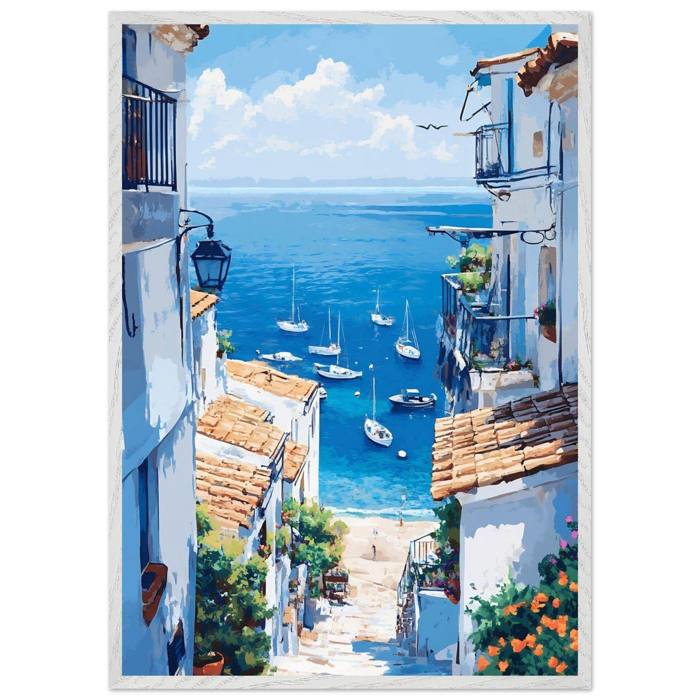 Mediterranean Seascape White Village Coastal Charm - Vibrantwalls
