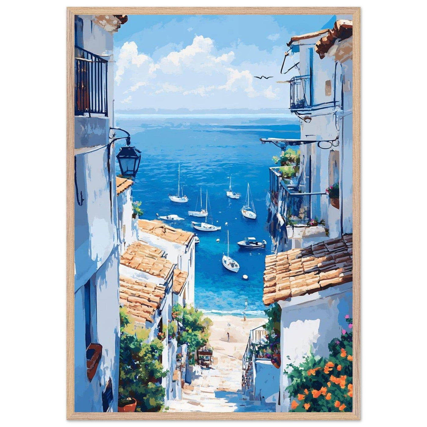 Mediterranean Seascape White Village Coastal Charm - Vibrantwalls