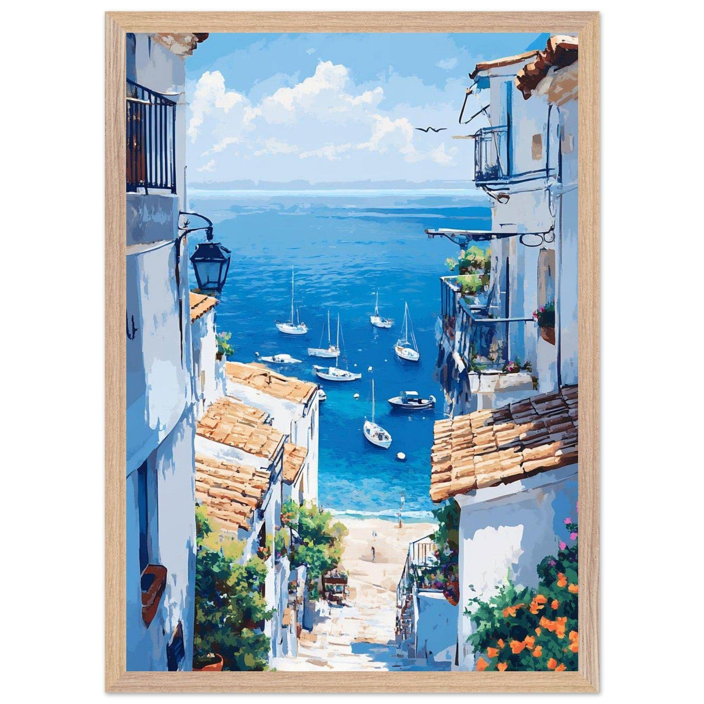 Mediterranean Seascape White Village Coastal Charm - Vibrantwalls