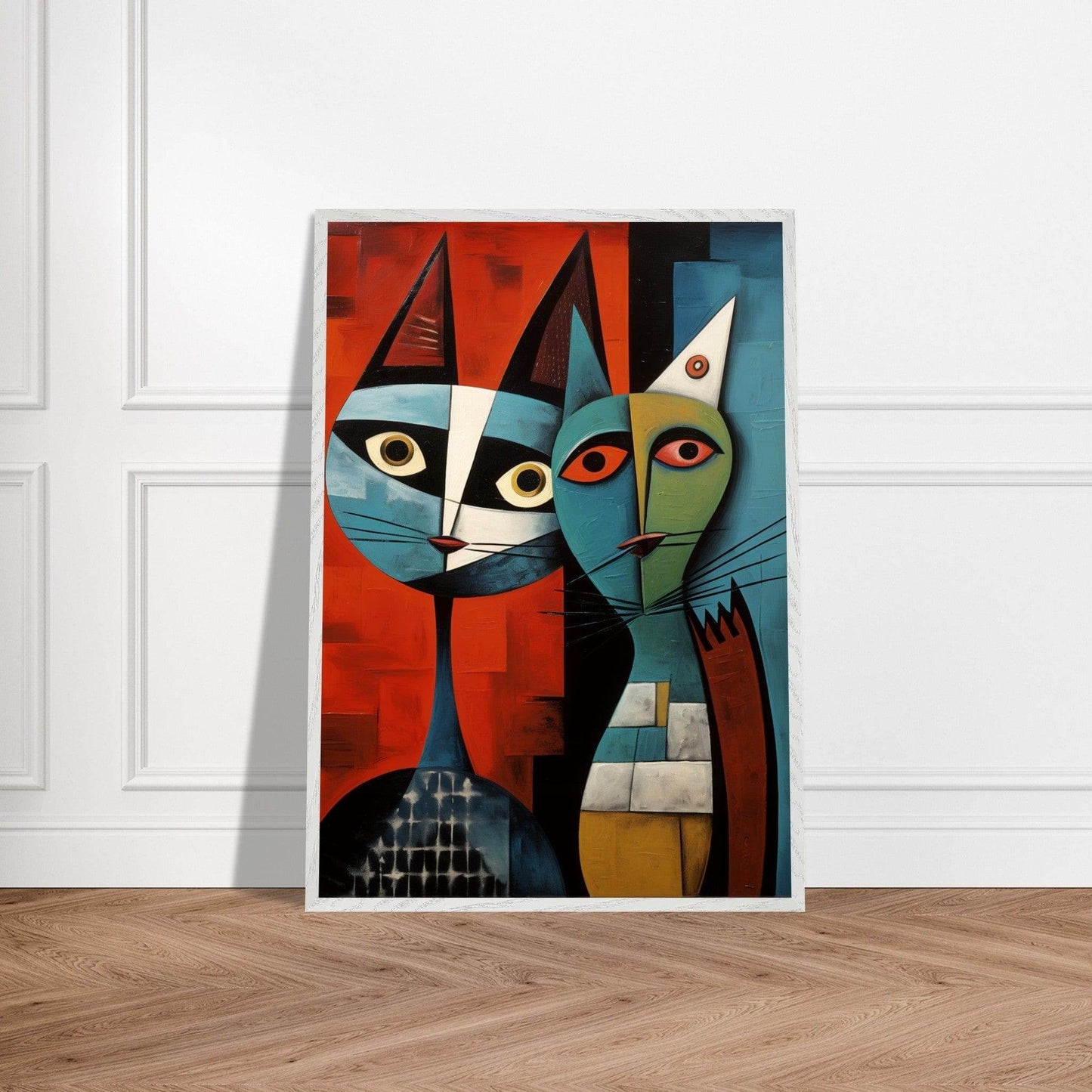 Cubist Cat Abstract Art Blue Orange Contemporary Picasso Wall Art - Vibrantwalls