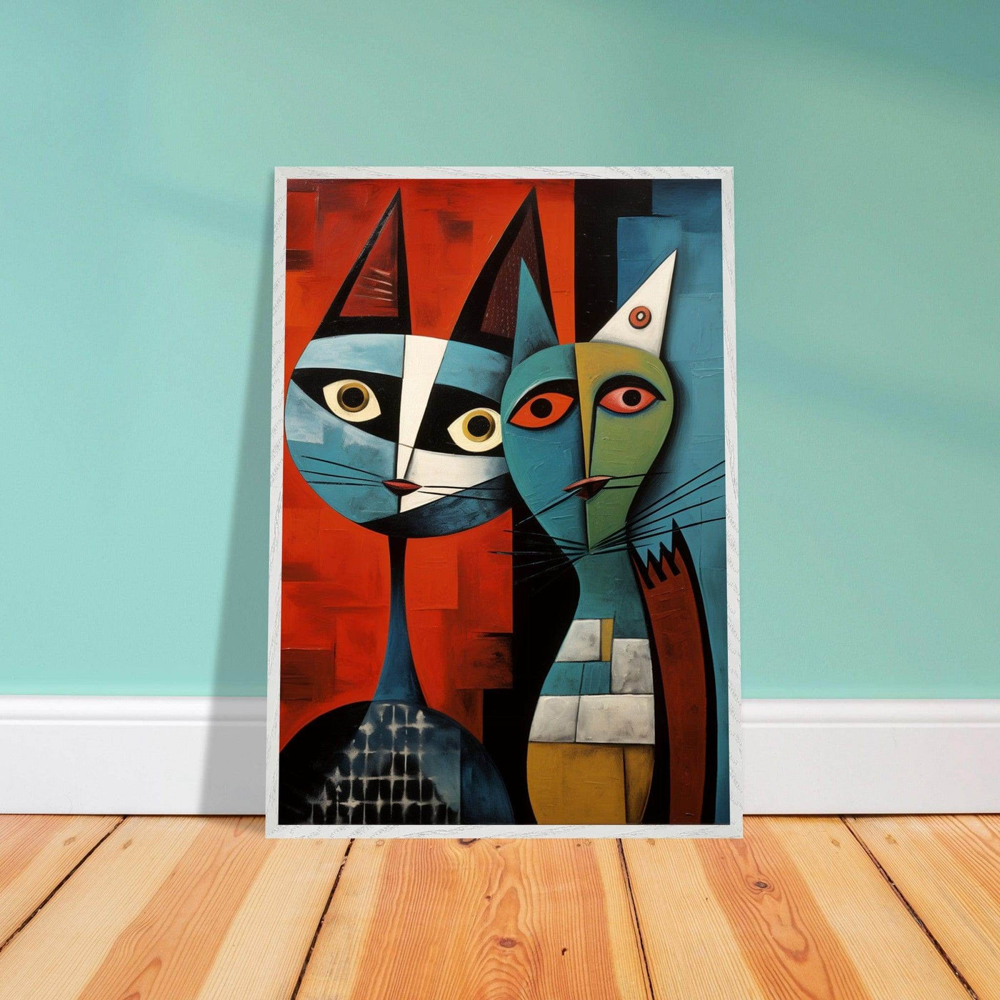 Cubist Cat Abstract Art in Blue and Orange - Unique Contemporary Design - Vibrantwalls