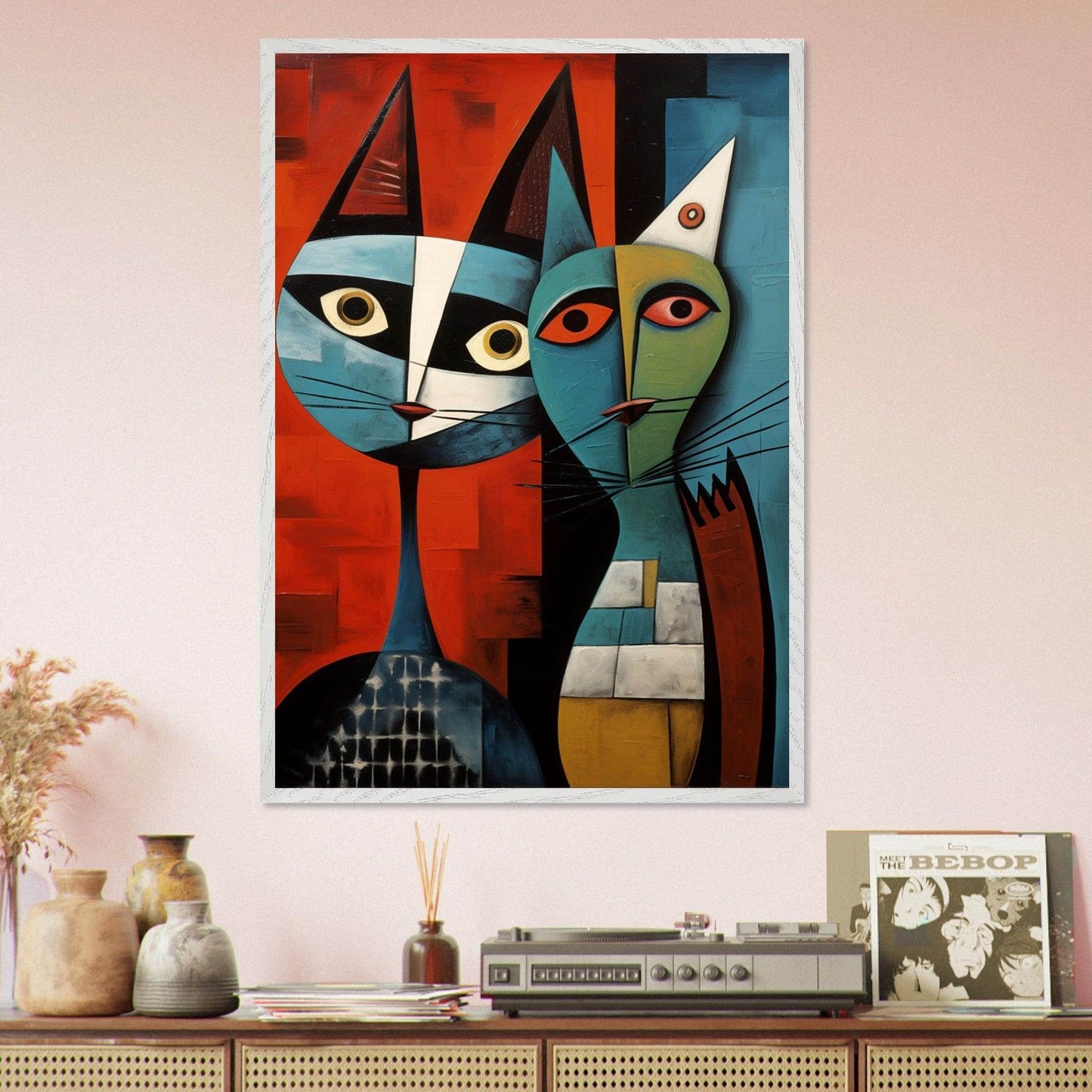 Cubist Cat Abstract Art Blue Orange Contemporary Picasso Wall Art - Vibrantwalls