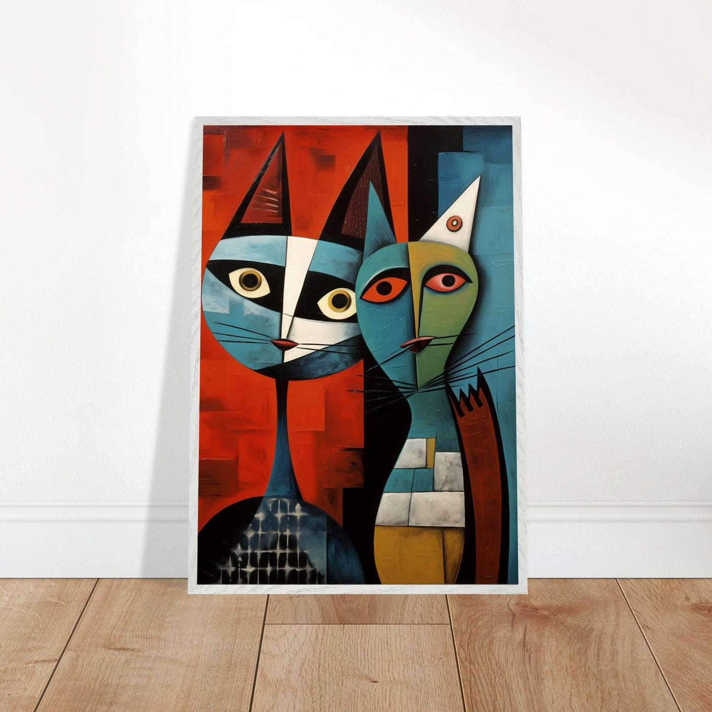 Cubist Cat Abstract Art in Blue and Orange - Unique Contemporary Design - Vibrantwalls