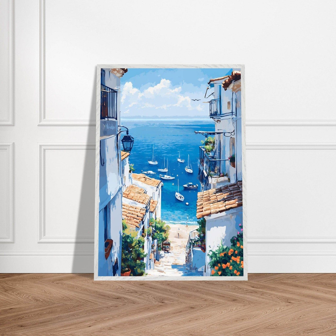 Mediterranean Seascape White Village Coastal Charm - Vibrantwalls