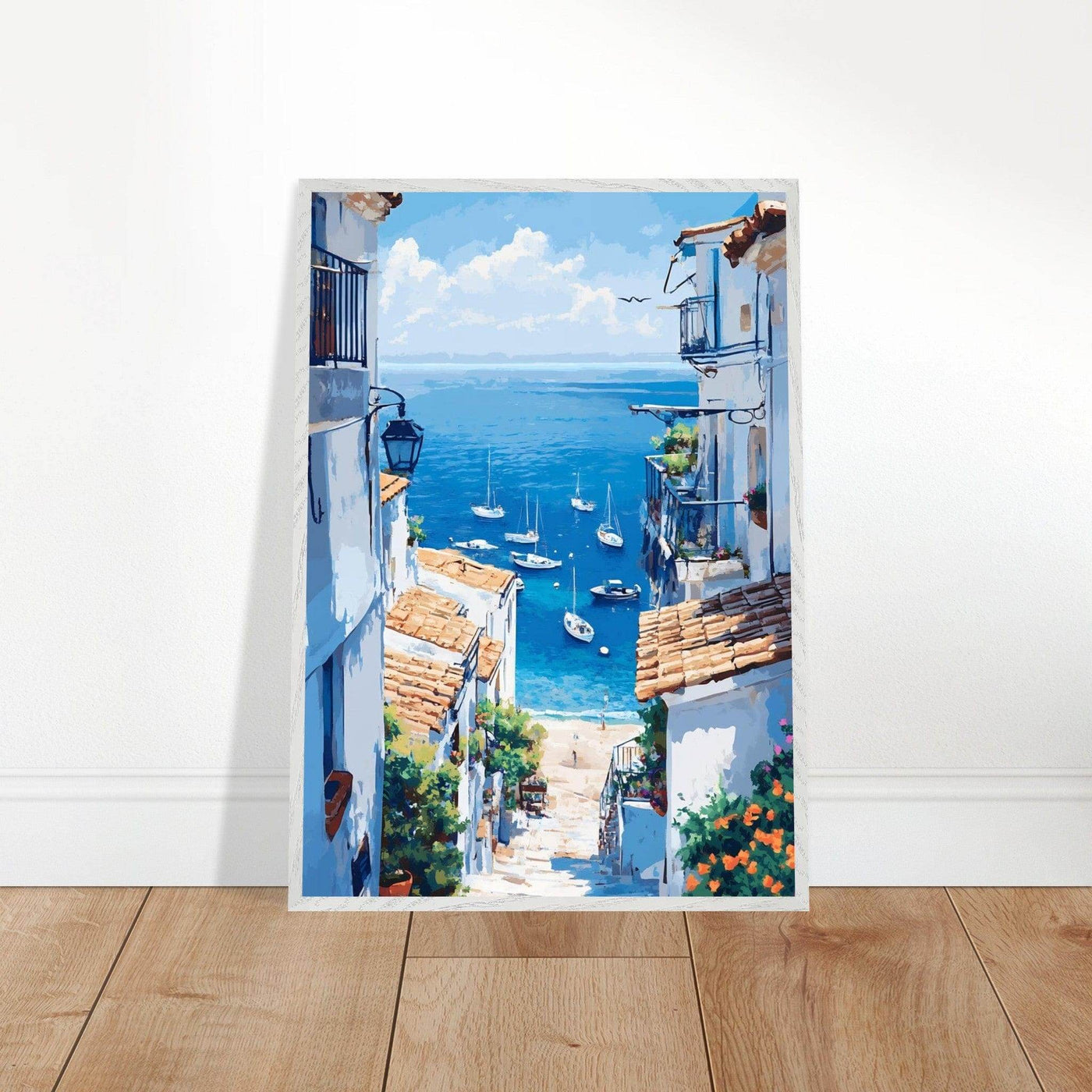 Mediterranean Seascape White Village Coastal Charm - Vibrantwalls