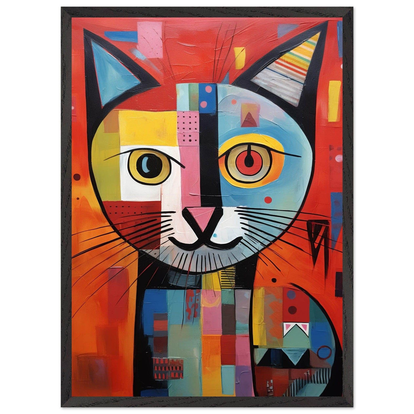 Cubist Cat Portrait in Vibrant Blue and Orange – Artistic Feline Artwork - Vibrantwalls