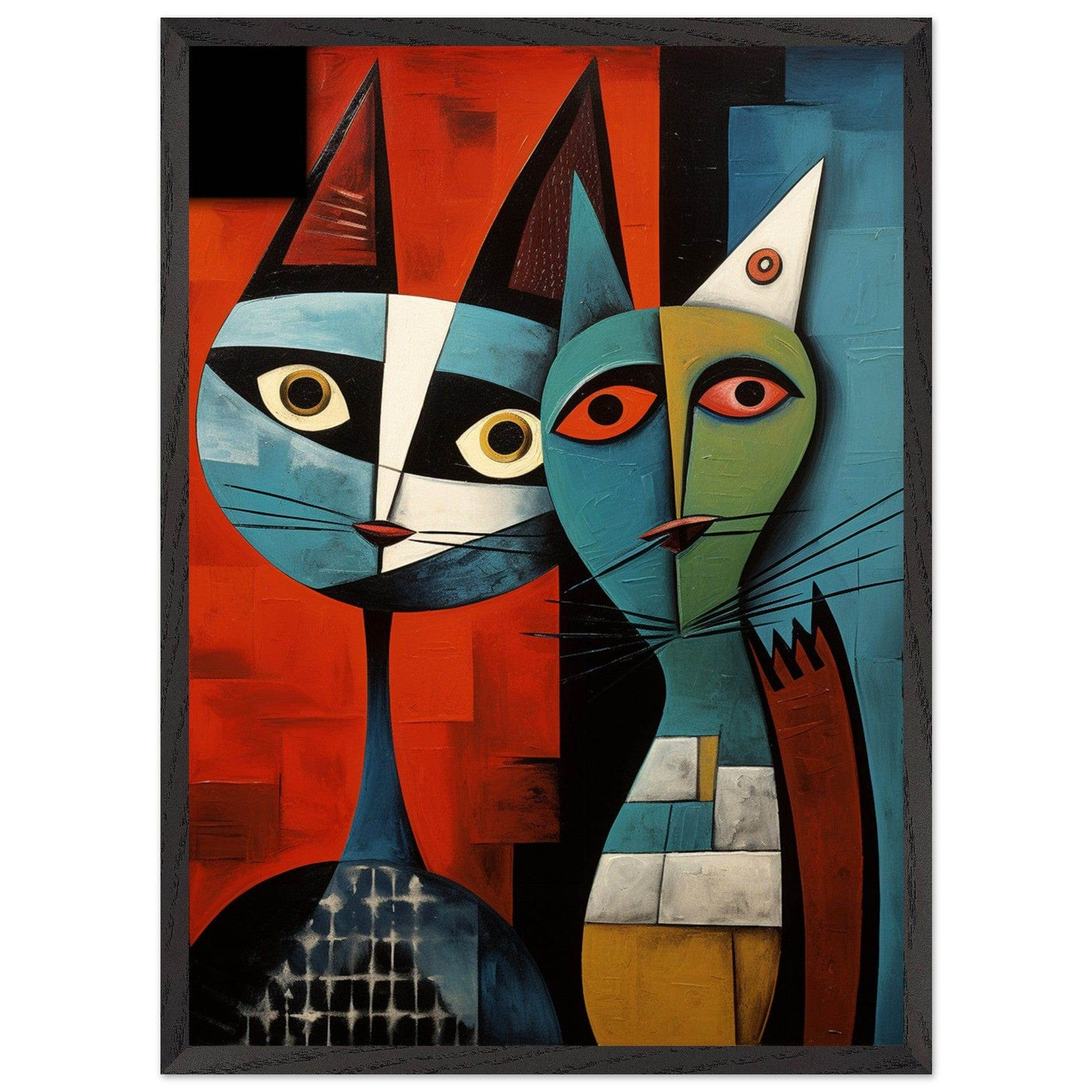 Cubist Abstract Feline Painting in Blue & Orange - Vibrantwalls