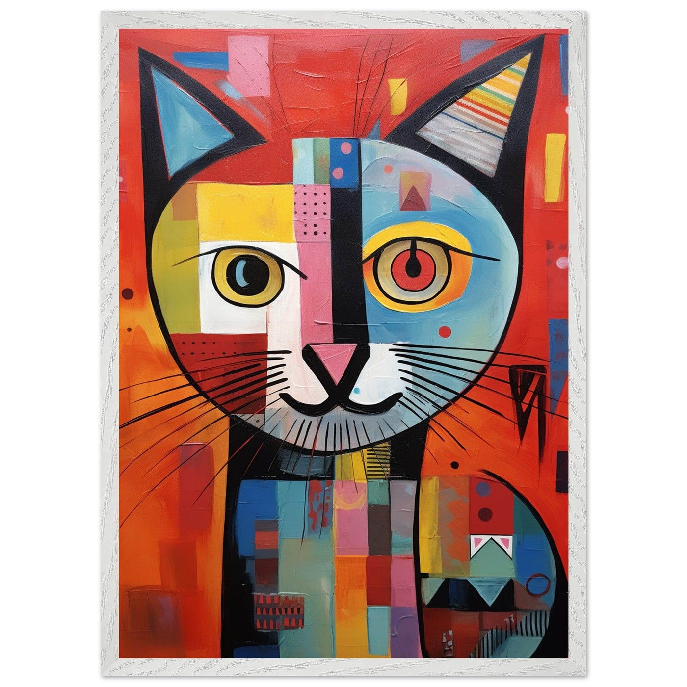 Cubist Cat Portrait in Vibrant Blue and Orange – Artistic Feline Artwork - Vibrantwalls