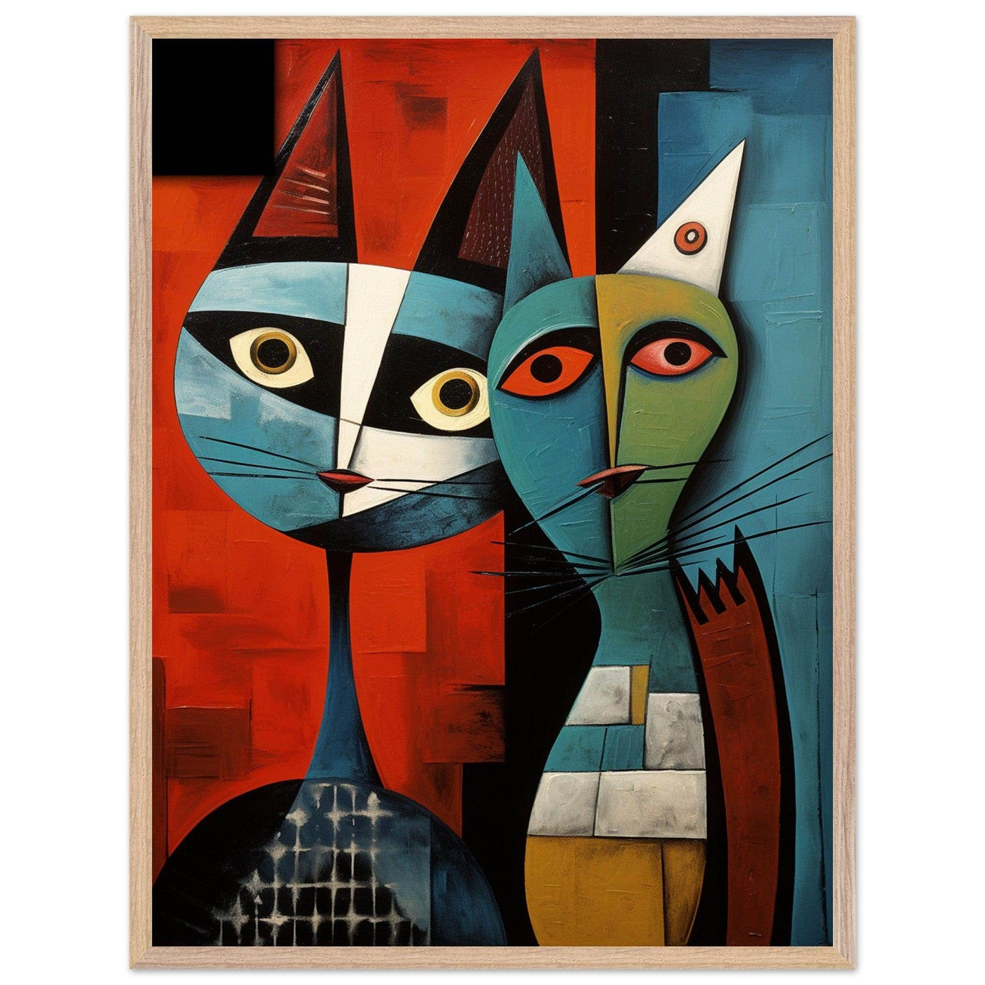 Cubist Abstract Feline Painting in Blue & Orange - Vibrantwalls