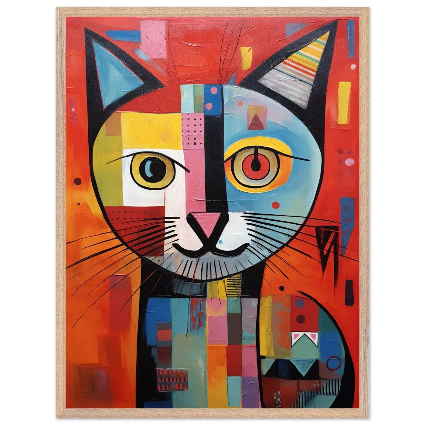 Cubist Cat Portrait in Vibrant Blue and Orange – Artistic Feline Artwork - Vibrantwalls