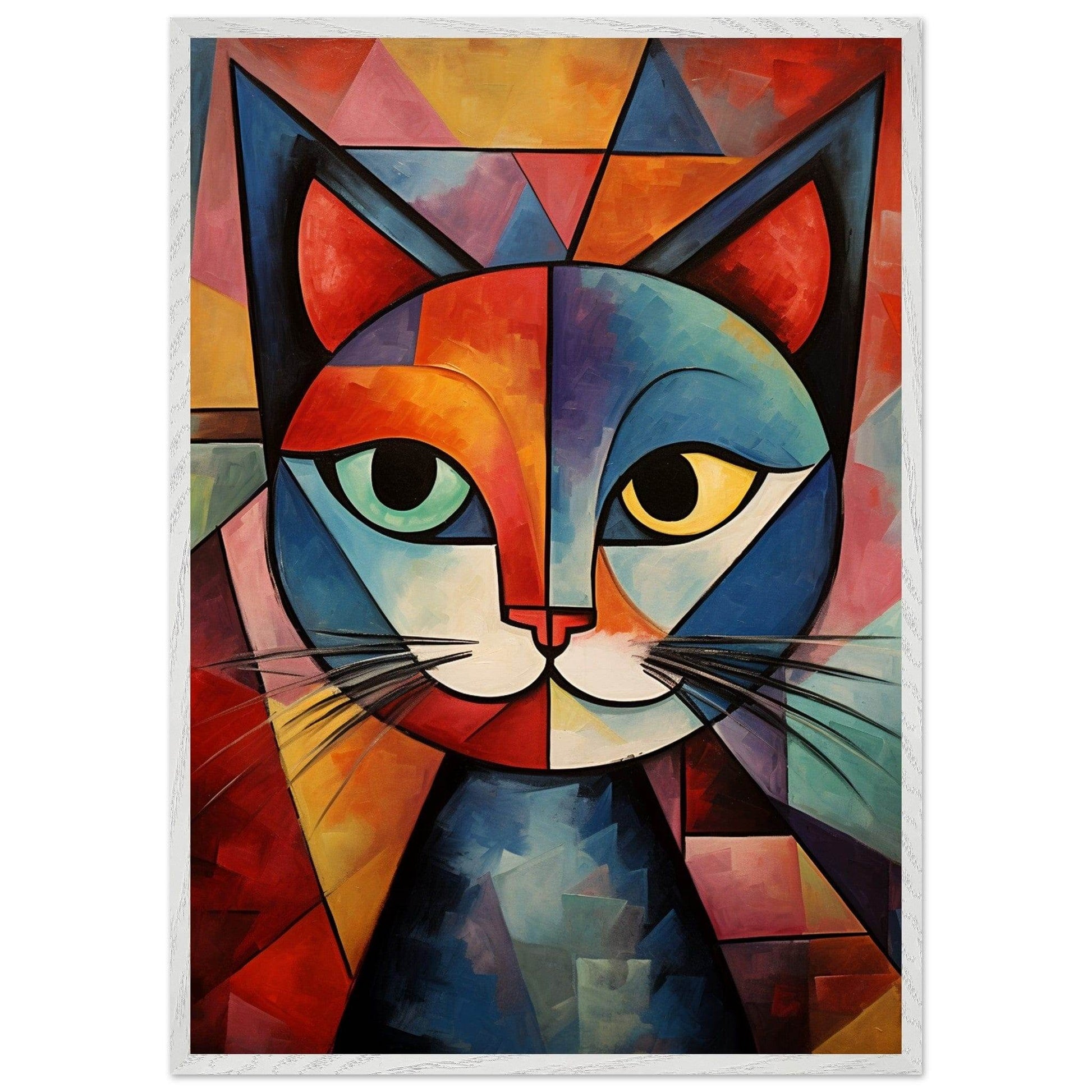 Cubist Cat Art Abstract Blue Orange Modern Feline Picasso Wall Art - Vibrantwalls