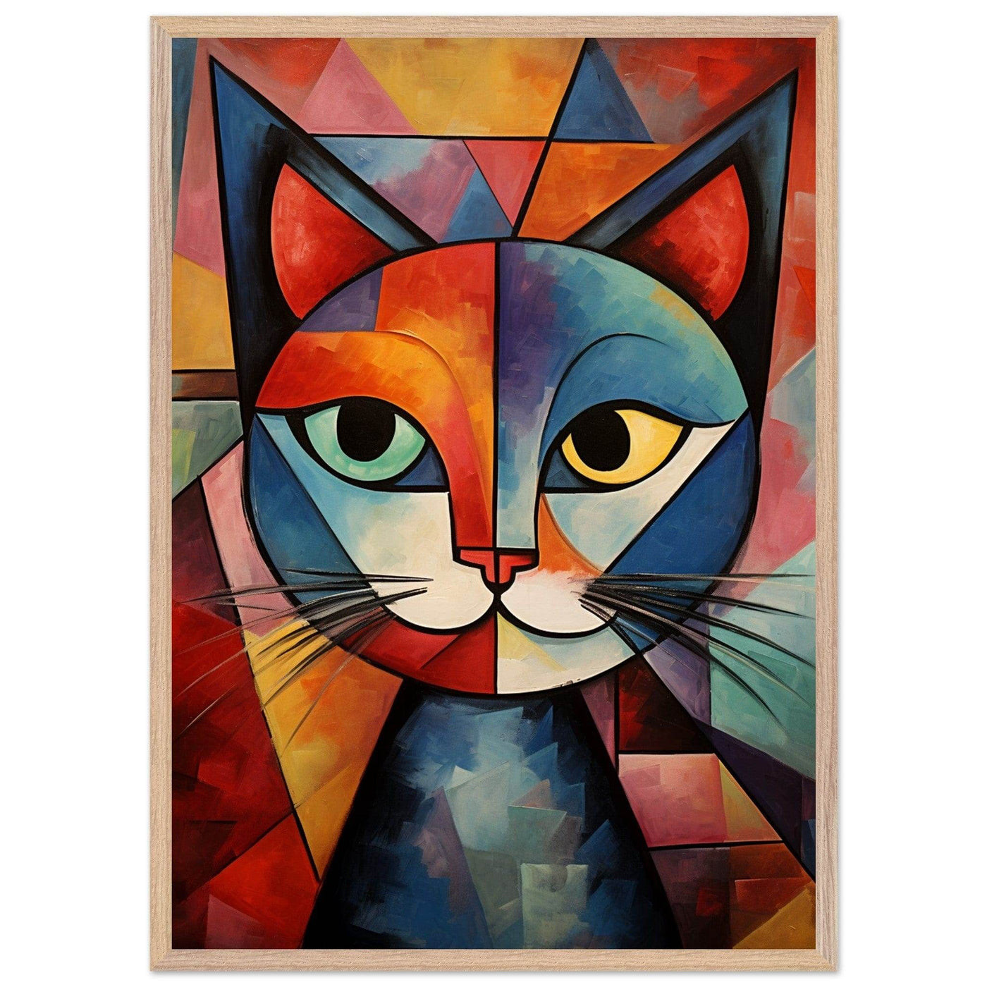 Cubist Cat Art - Abstract Blue Orange Modern Feline Print - Vibrantwalls