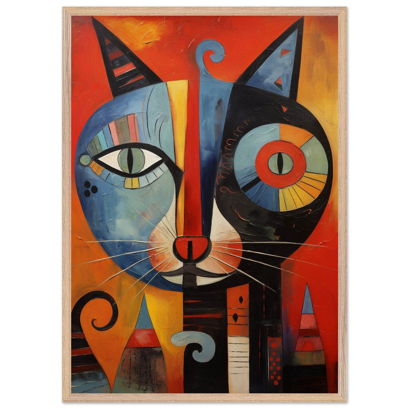 Cubist Cat Artwork in Blue and Orange - Unique Art Piece for Cat Lovers - Vibrantwalls