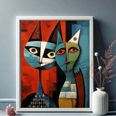 Cubist Abstract Feline Painting in Blue & Orange - Vibrantwalls