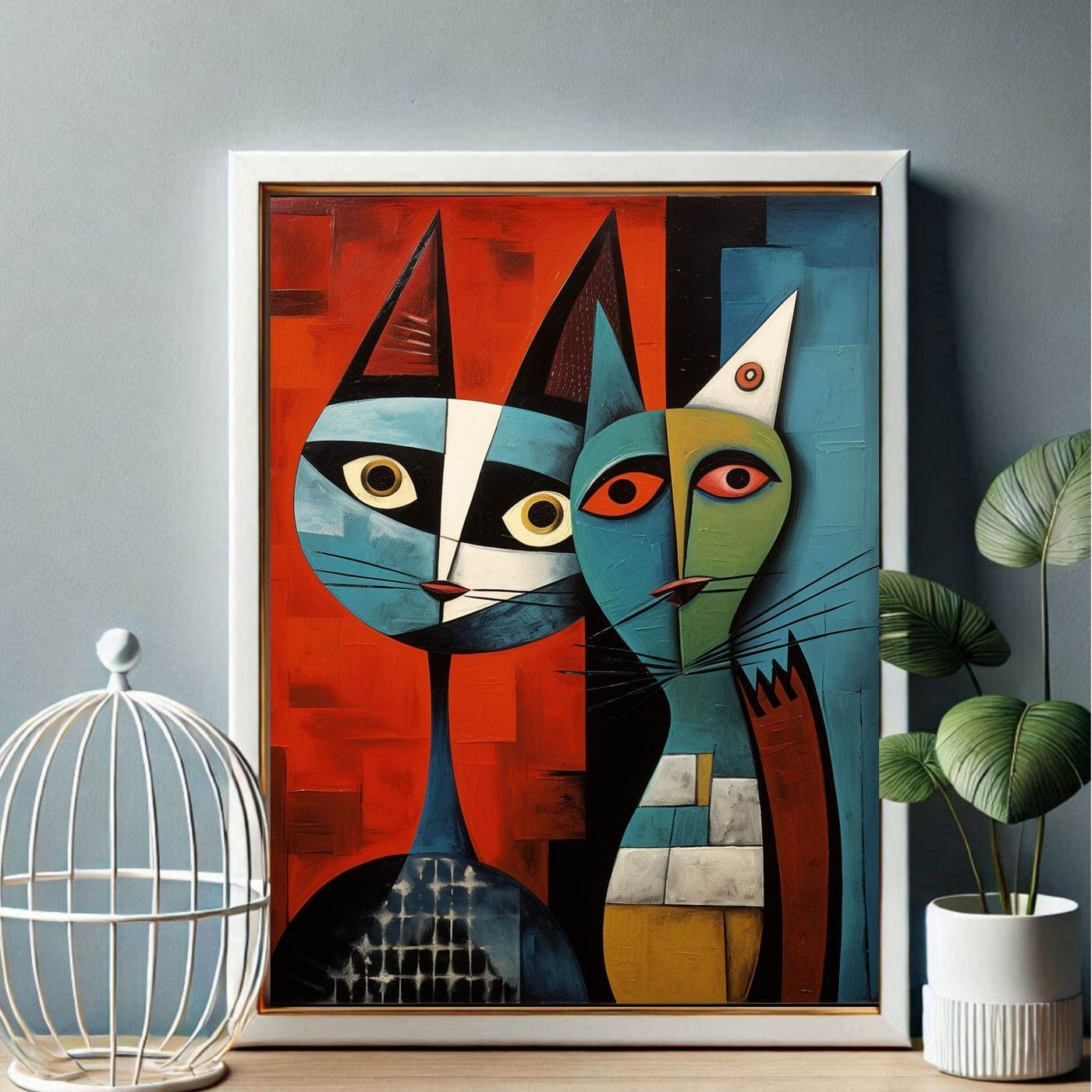 Cubist Abstract Feline Painting in Blue & Orange - Vibrantwalls