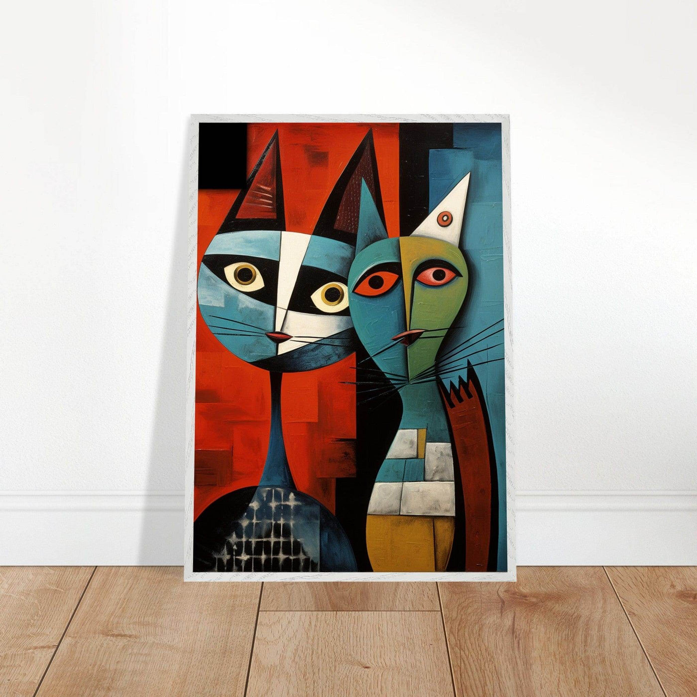 Cubist Abstract Feline Painting in Blue & Orange - Vibrantwalls