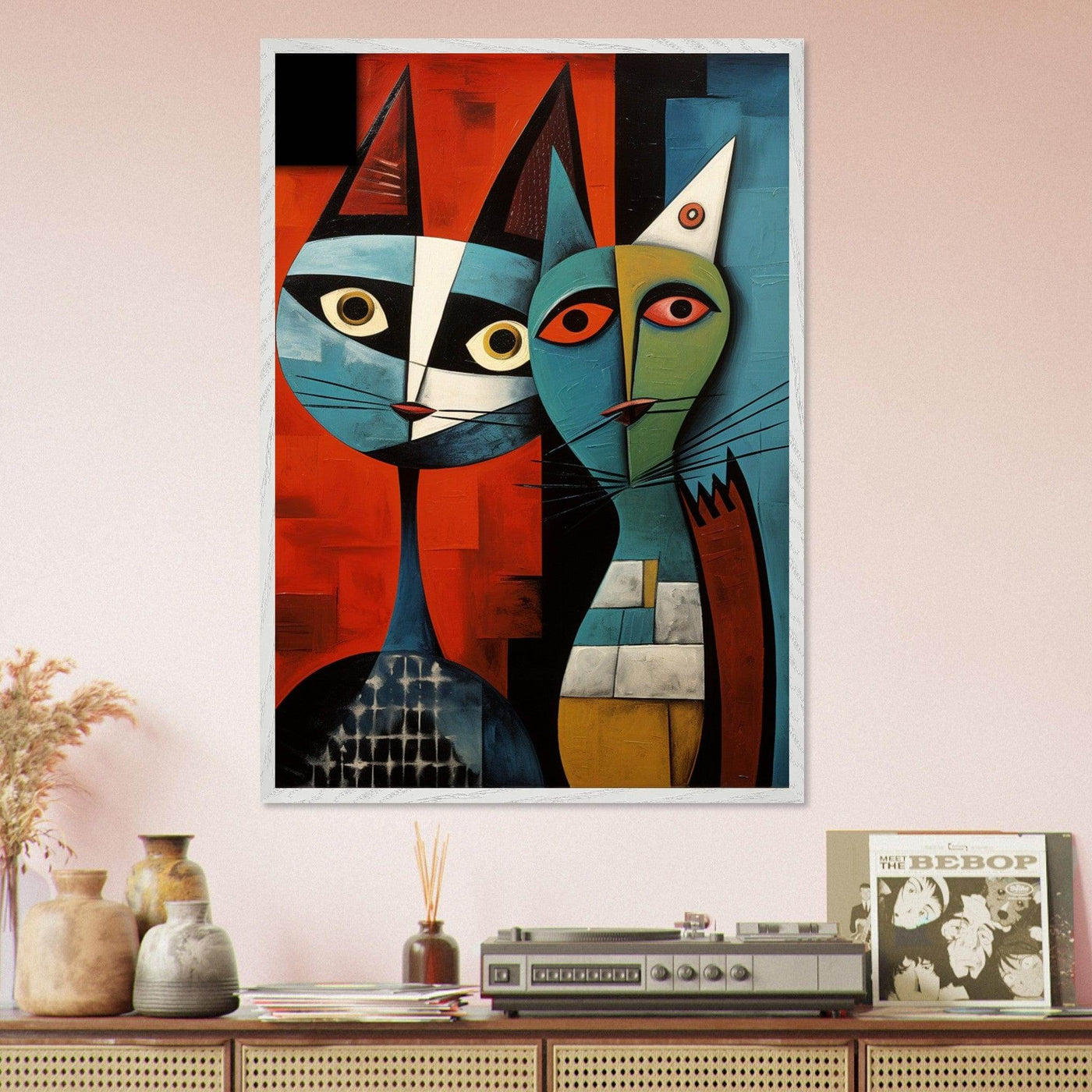 Cubist Abstract Feline Painting in Blue & Orange - Vibrantwalls