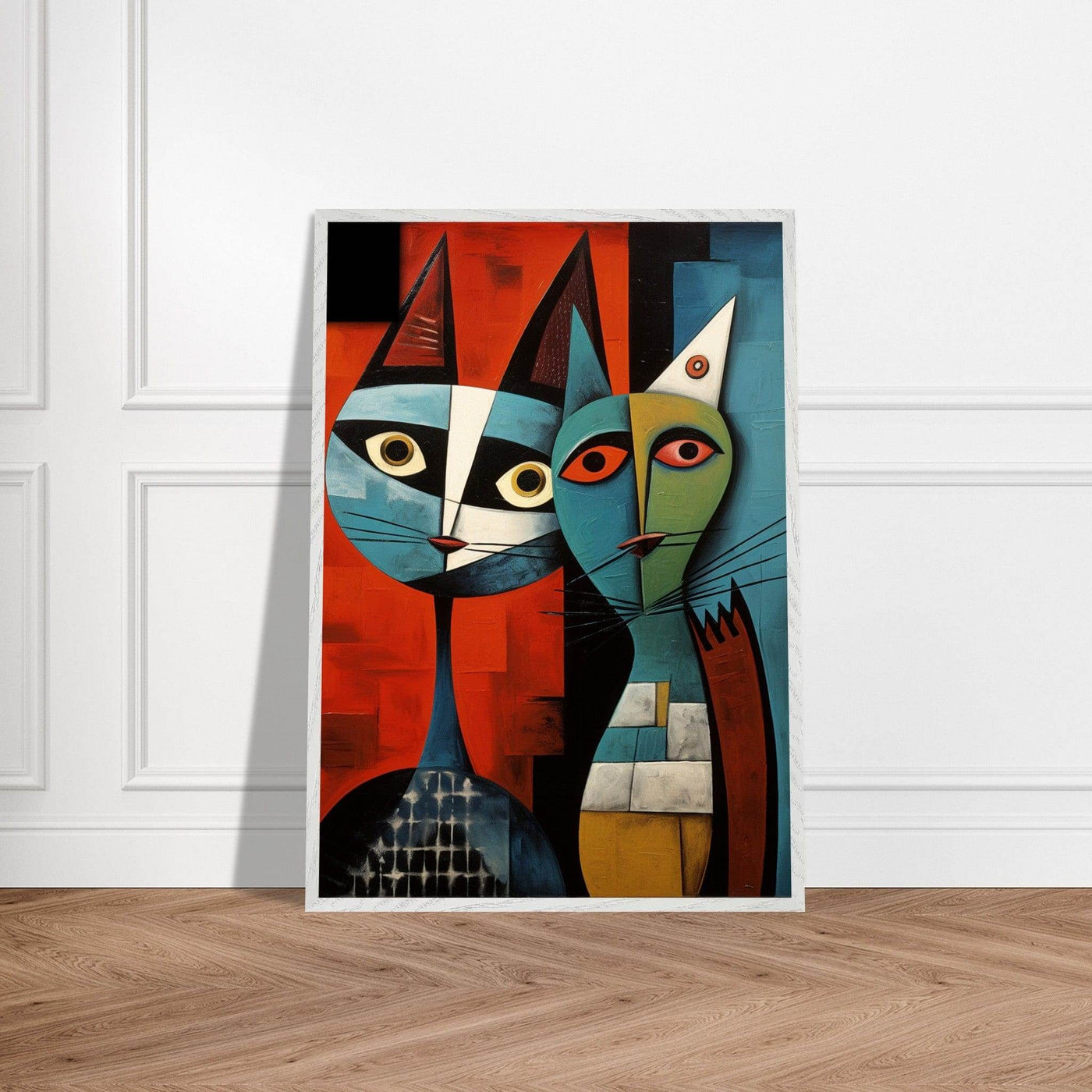 Cubist Abstract Feline Painting in Blue & Orange - Vibrantwalls