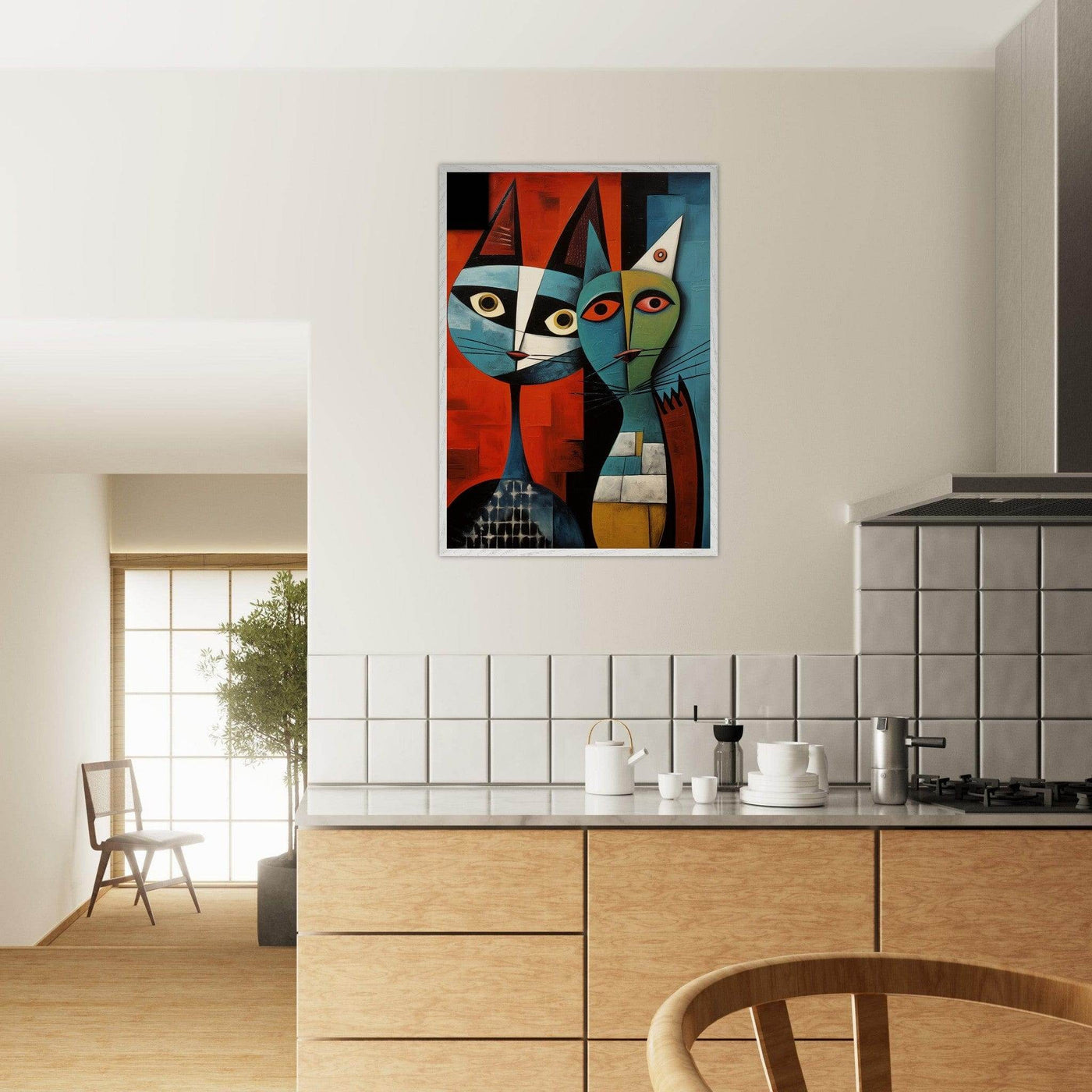 Cubist Abstract Feline Painting in Blue & Orange - Vibrantwalls