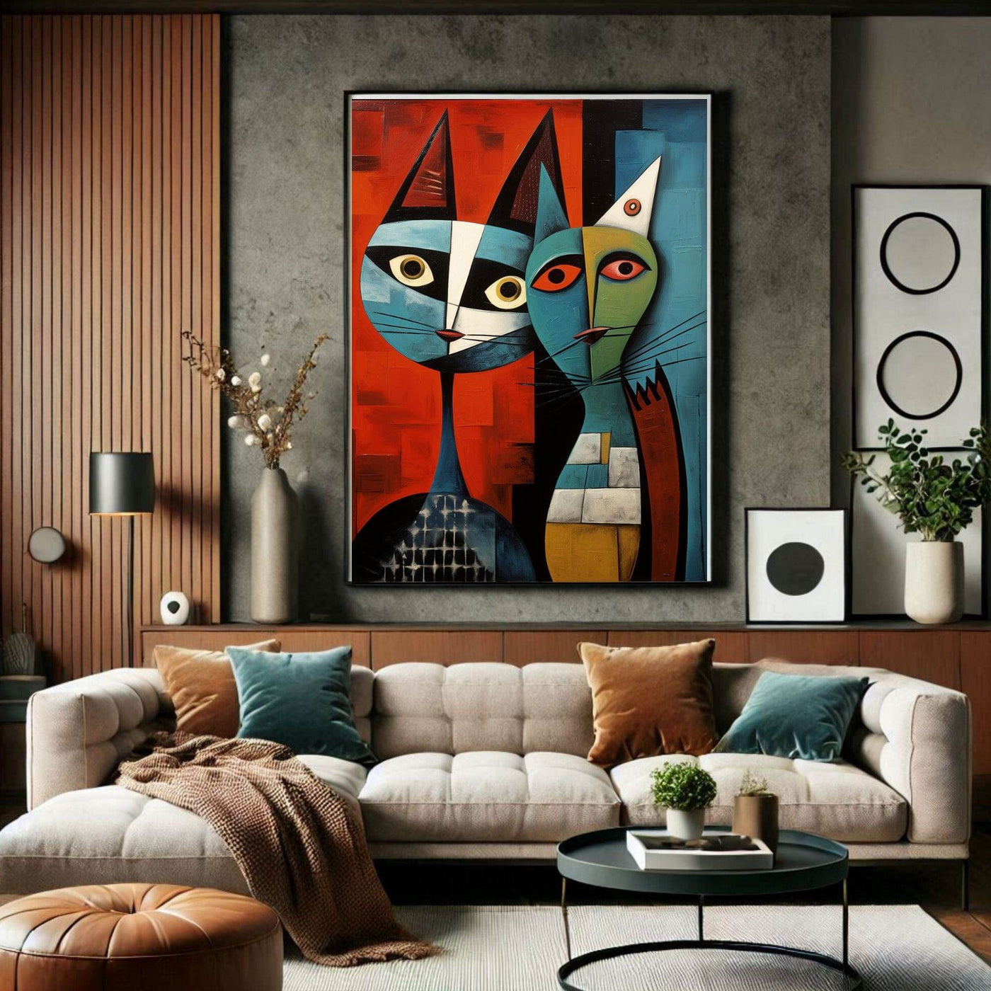 Cubist Abstract Feline Painting in Blue & Orange - Vibrantwalls