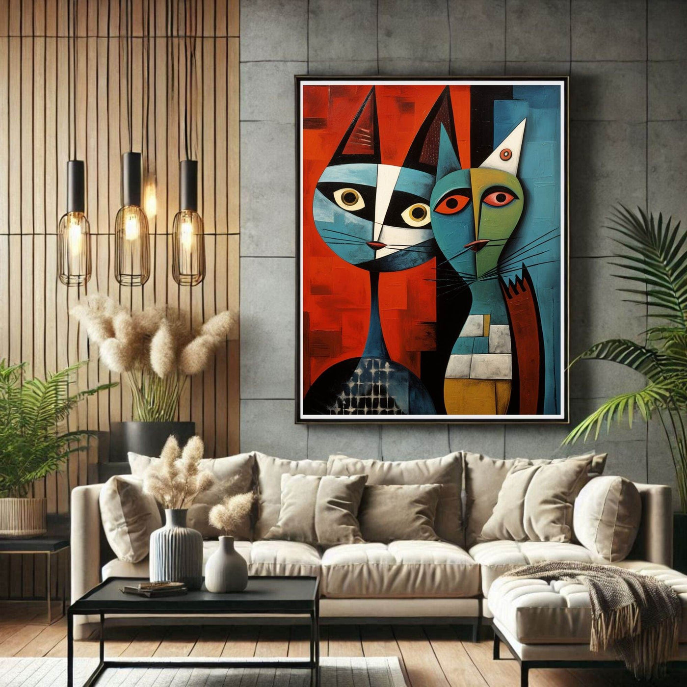 Cubist Abstract Feline Painting in Blue & Orange - Vibrantwalls