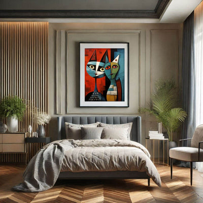 Cubist Abstract Feline Painting in Blue & Orange - Vibrantwalls