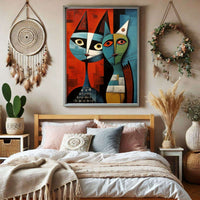 Cubist Abstract Feline Painting in Blue & Orange - Vibrantwalls
