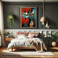 Cubist Abstract Feline Painting in Blue & Orange - Vibrantwalls