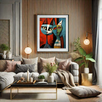 Cubist Abstract Feline Painting in Blue & Orange - Vibrantwalls