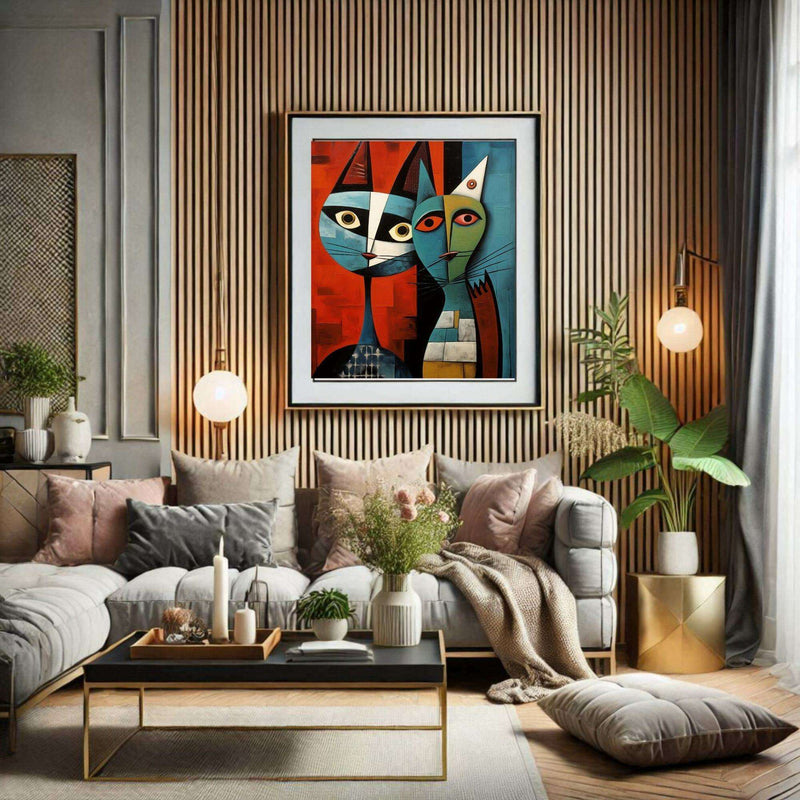 Cubist Abstract Feline Painting in Blue & Orange - Vibrantwalls