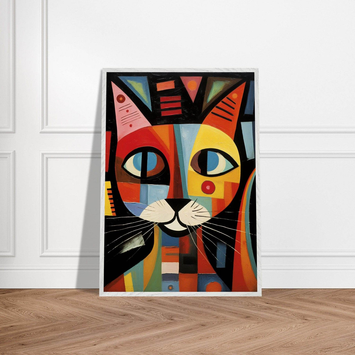 Cubist Cat Abstract Art in Blue and Orange Geometric Design - Vibrantwalls