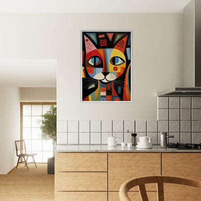 Cubist Cat Abstract Art in Blue and Orange Geometric Design - Vibrantwalls