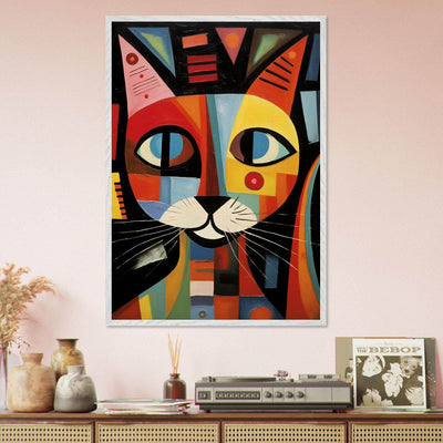 Cubist Cat Abstract Art in Blue and Orange Geometric Design - Vibrantwalls