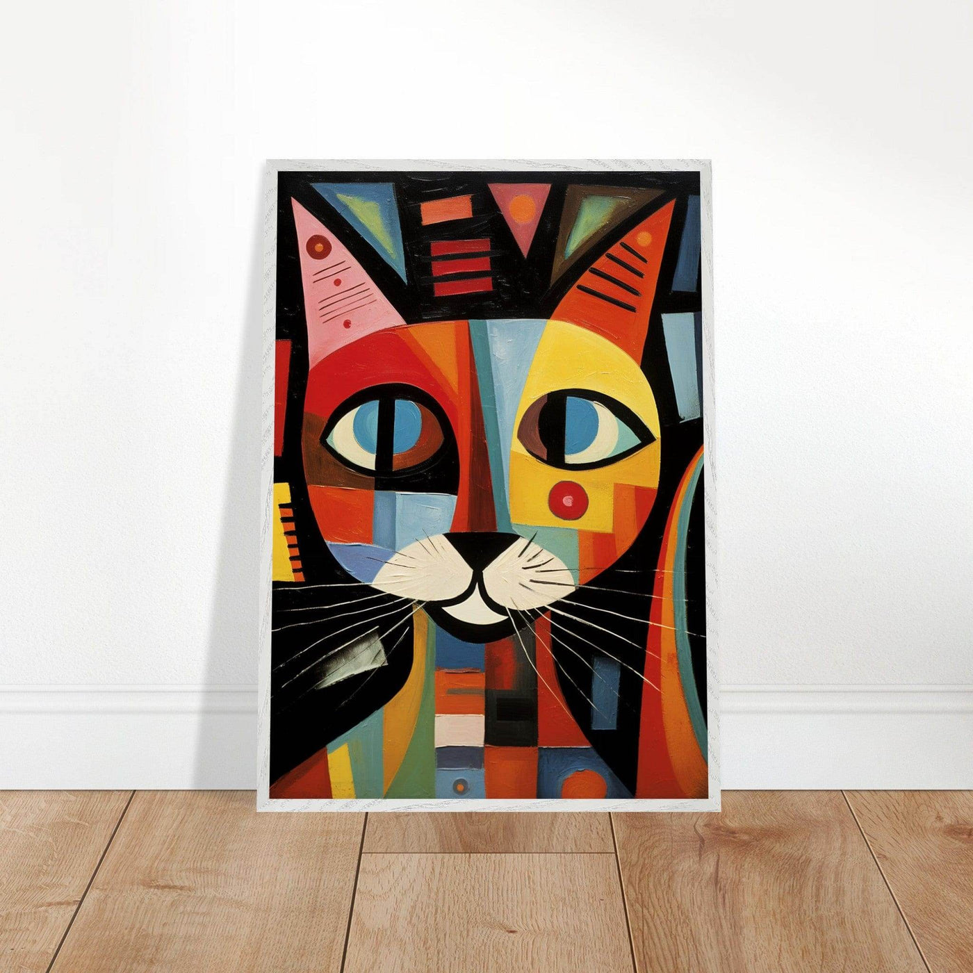 Cubist Cat Abstract Art in Blue and Orange Geometric Design - Vibrantwalls