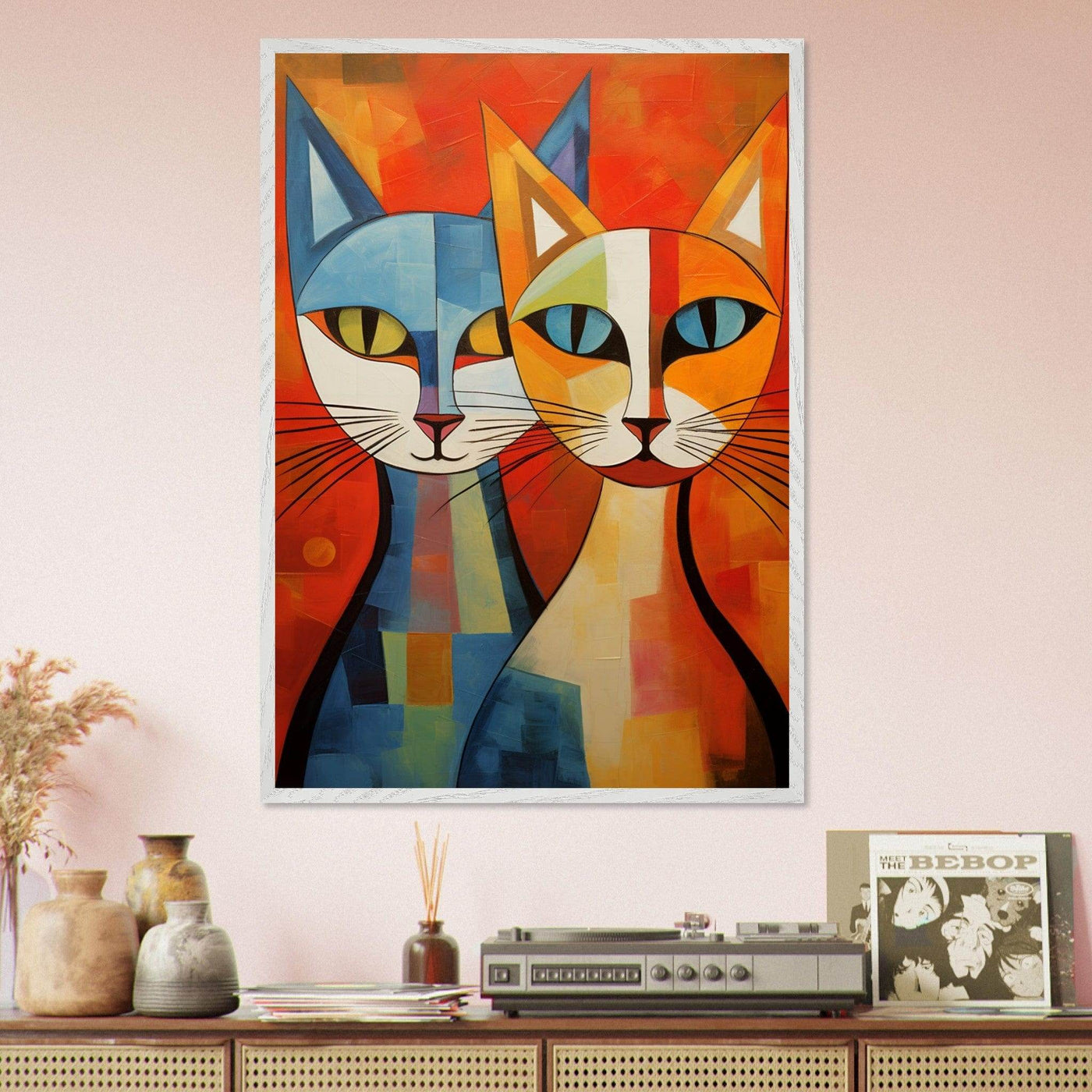 Cubist Cat Abstract Blue Orange Minimalist Design - Vibrantwalls