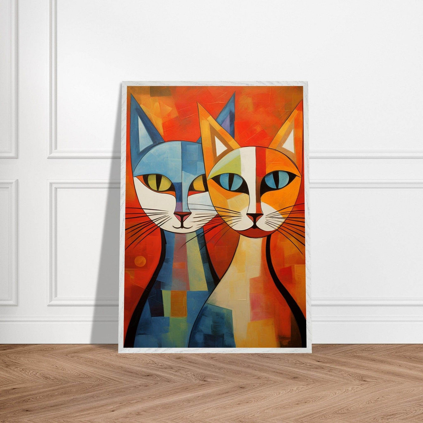 Cubist Cat Abstract Blue Orange Minimalist Design - Vibrantwalls