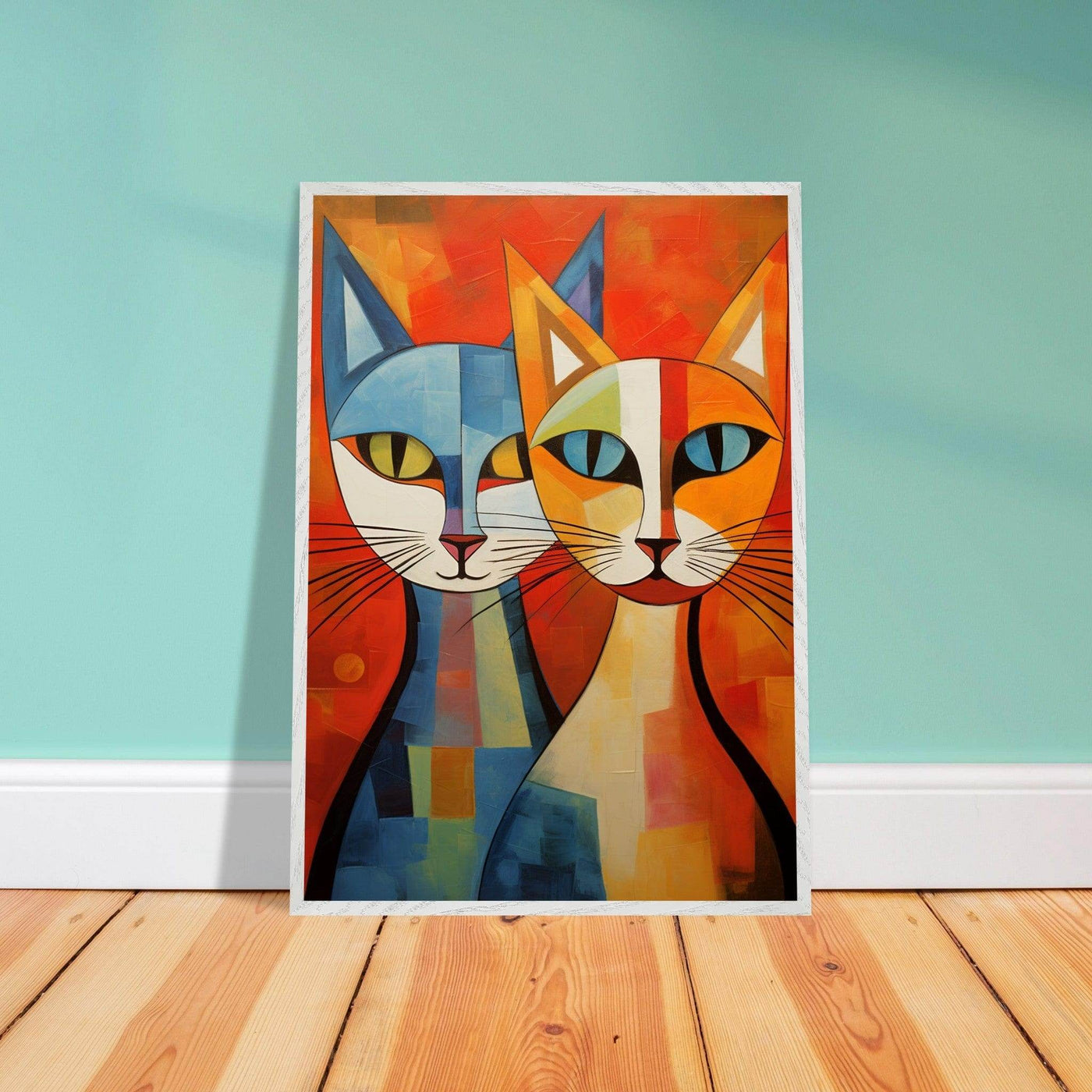 Cubist Cat Abstract Blue Orange Minimalist Design - Vibrantwalls