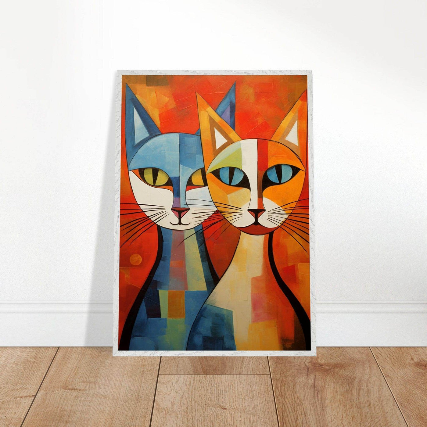 Cubist Cat Abstract Blue Orange Minimalist Design - Vibrantwalls